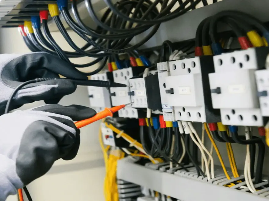 Electrician in insulated gloves testing circuit breakers with a multimeter