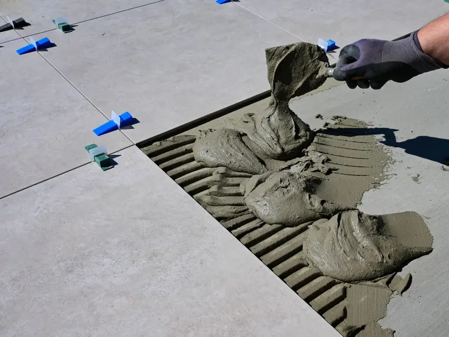 Gloved hand spreading tile adhesive with a notched trowel